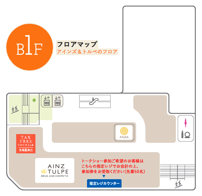 ル・トロワB1Fフロアマップ 「鍵谷選手トークショー」参加券お渡し指定レジカウンターの位置